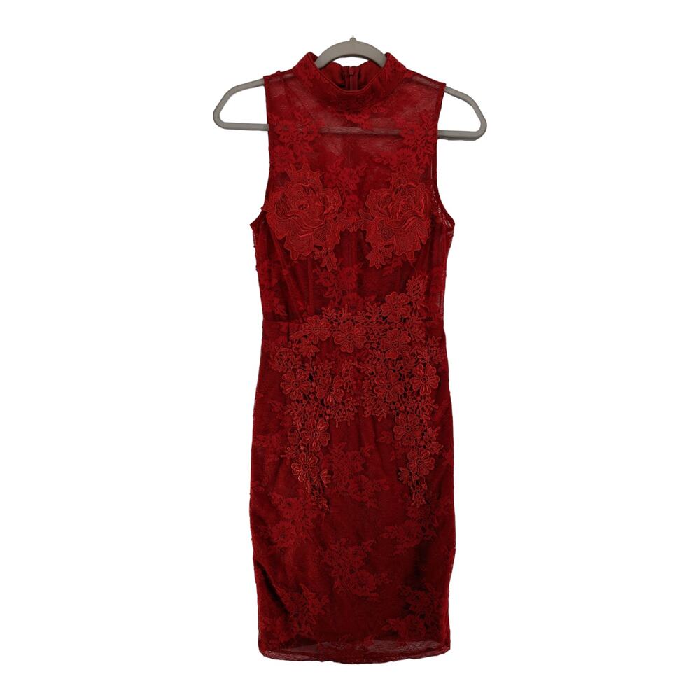 Fashion Nova Bodycon Dress Small Red Lace Sheath Mock Neck Sleeveless Lined Mini
